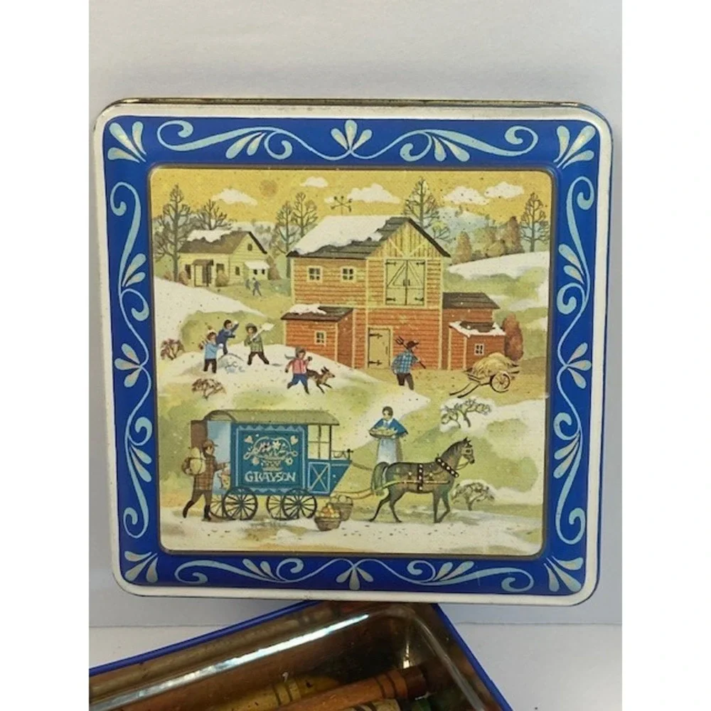 Vintage Crayola Gray Drug Crayon Collection in Daher Winter Farm Scene Metal Tin